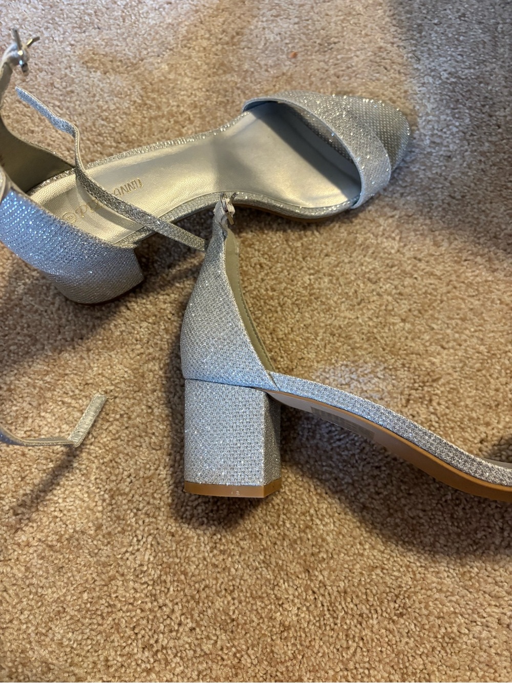 Silver Sparkle Block Heel Ankle Strap Sandals